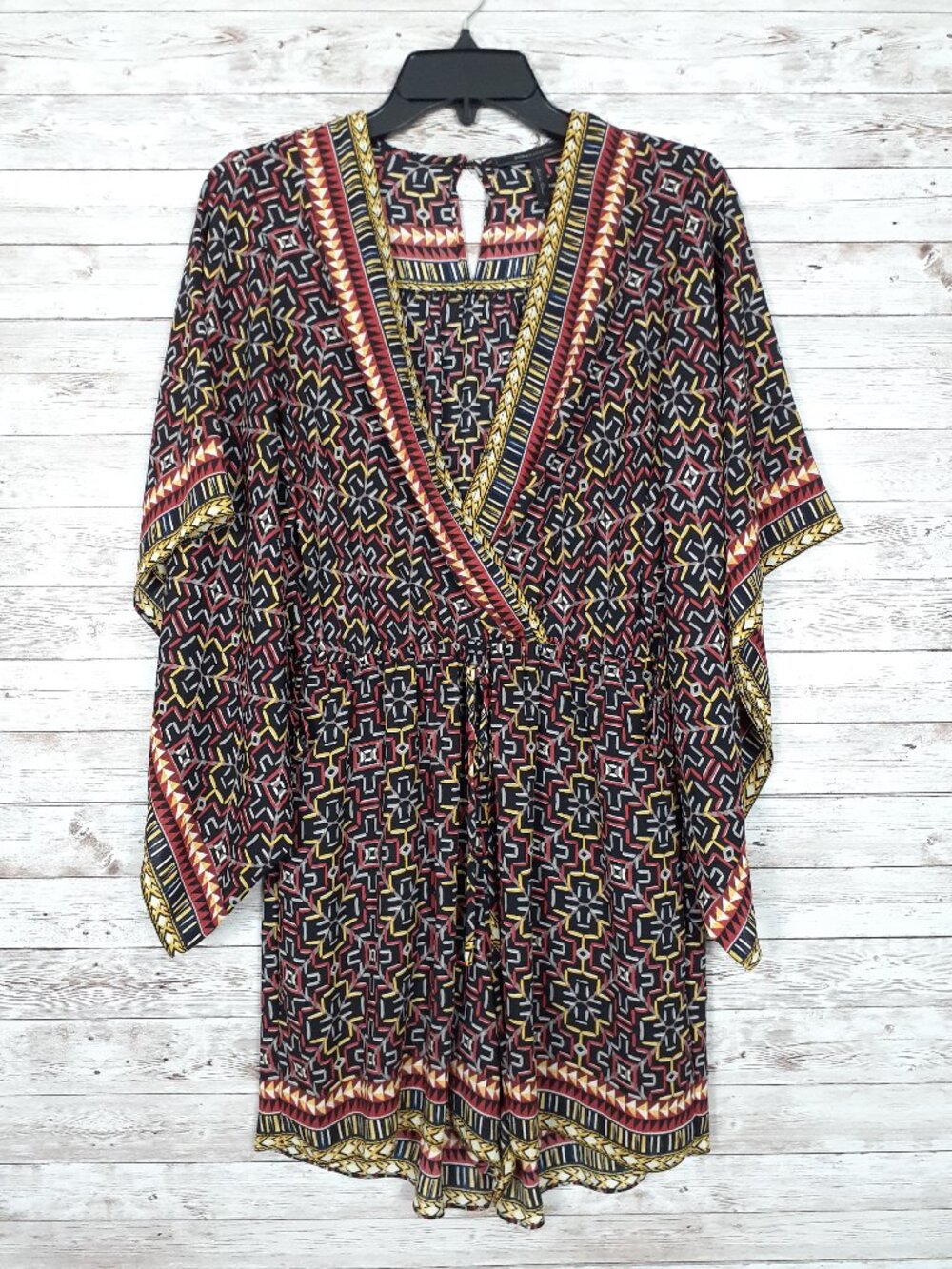 BCBGMaxAzria Womens Kimono Romper XS Elastic Waist Black Tribal Print 871A